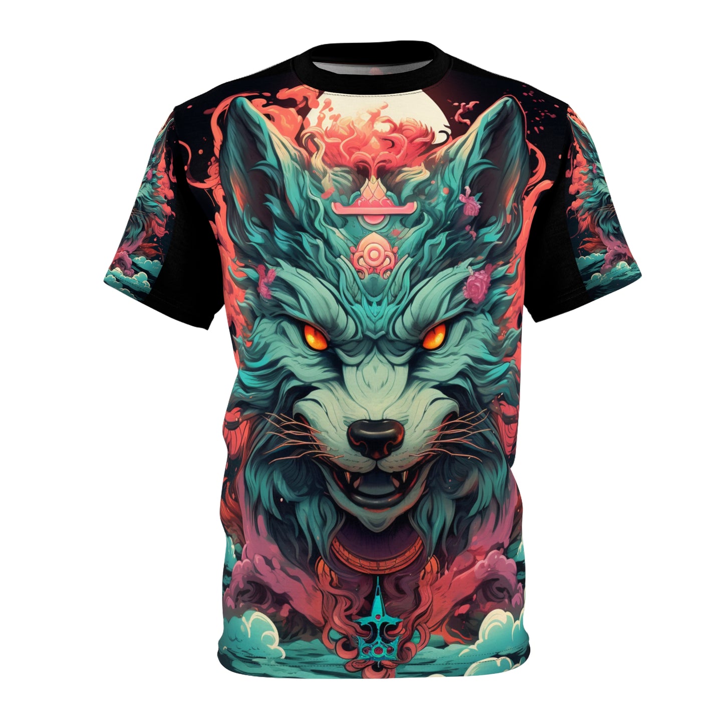 Mystic Wolf All-Over Print Tee — Neon Fox Spirit Graphic Shirt