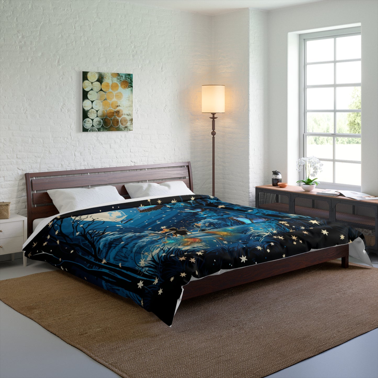 Moonlit Winter Forest Comforter — Blue Nightscape with Butterflies & Stars