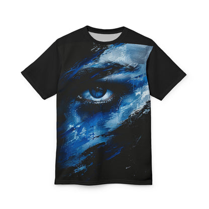 Eye of the Storm Graphic Tee — Blue Abstract Portrait All-Over Print