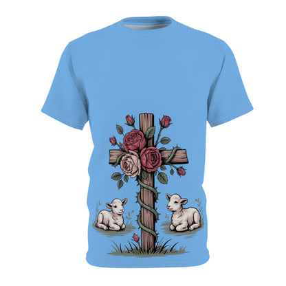 Easter Cross Tee — Rose-Wrapped Cross with Lambs All-Over Print