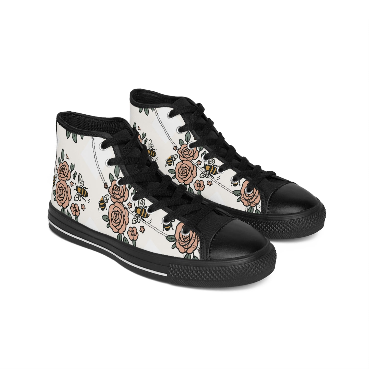 Floral High-Top Sneakers | Stylish Casual Footwear, Perfect for Spring, Cute Gift for Her, Trendy Bee and Rose Design, Everyday Wear
