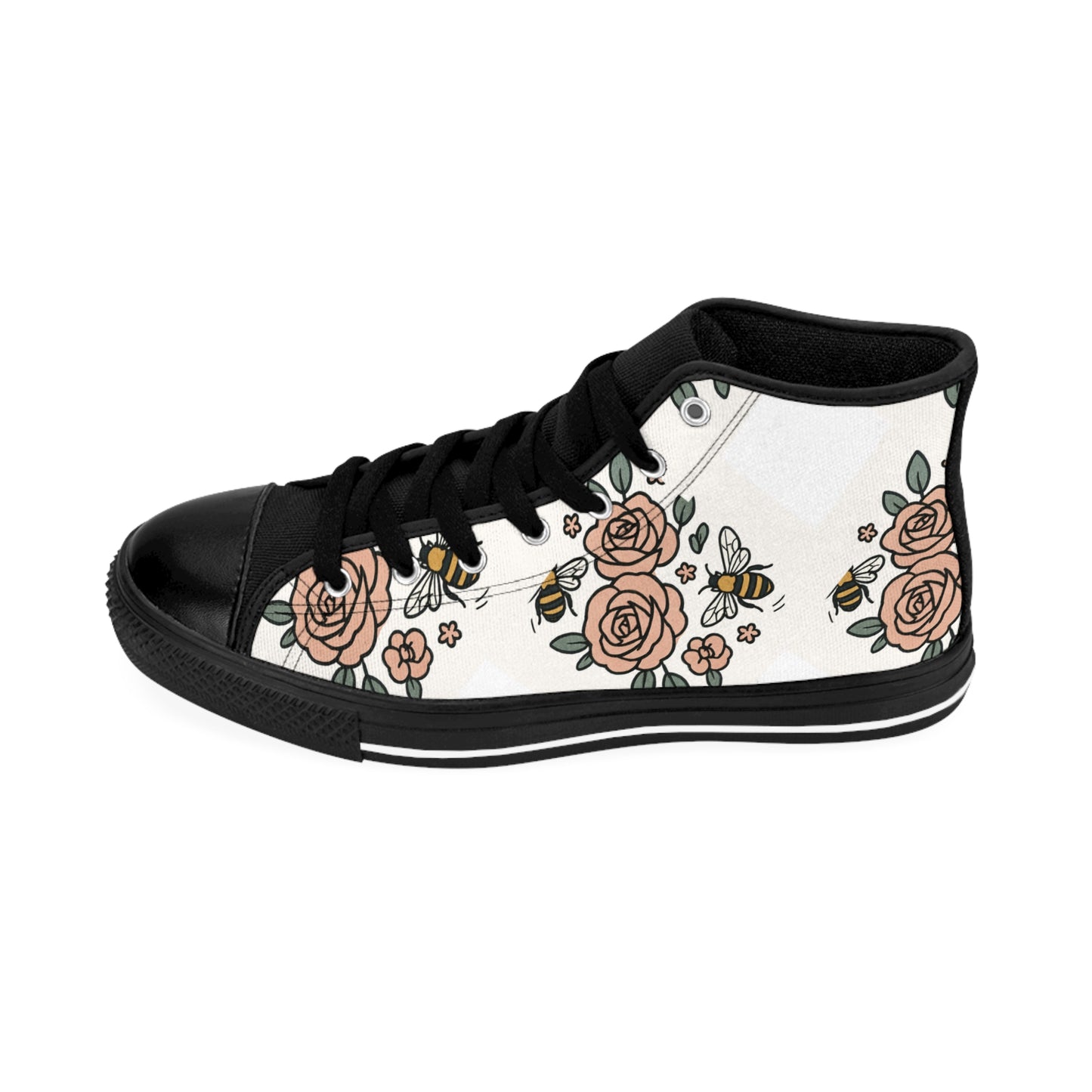 Floral High-Top Sneakers | Stylish Casual Footwear, Perfect for Spring, Cute Gift for Her, Trendy Bee and Rose Design, Everyday Wear