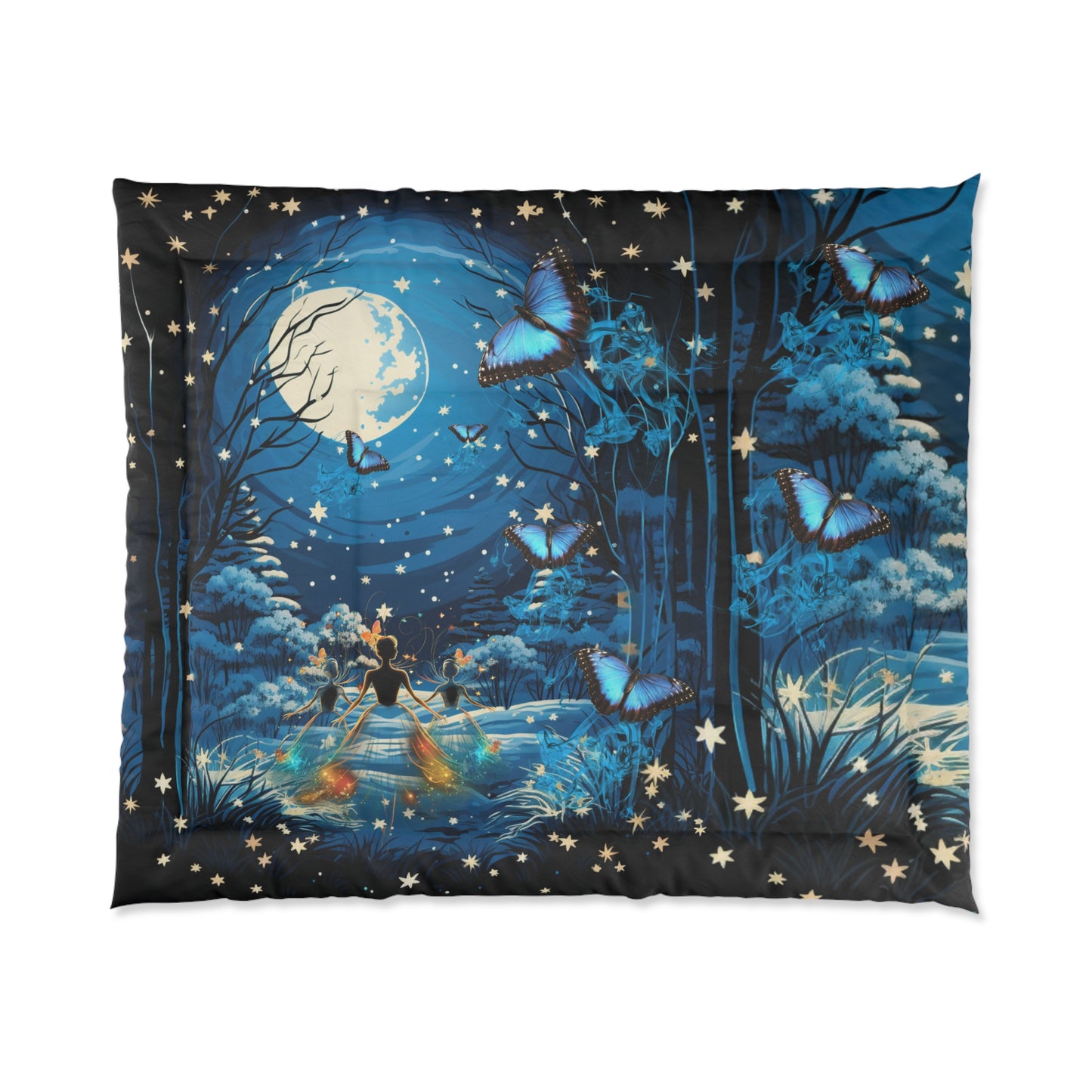 Moonlit Winter Forest Comforter — Blue Nightscape with Butterflies & Stars