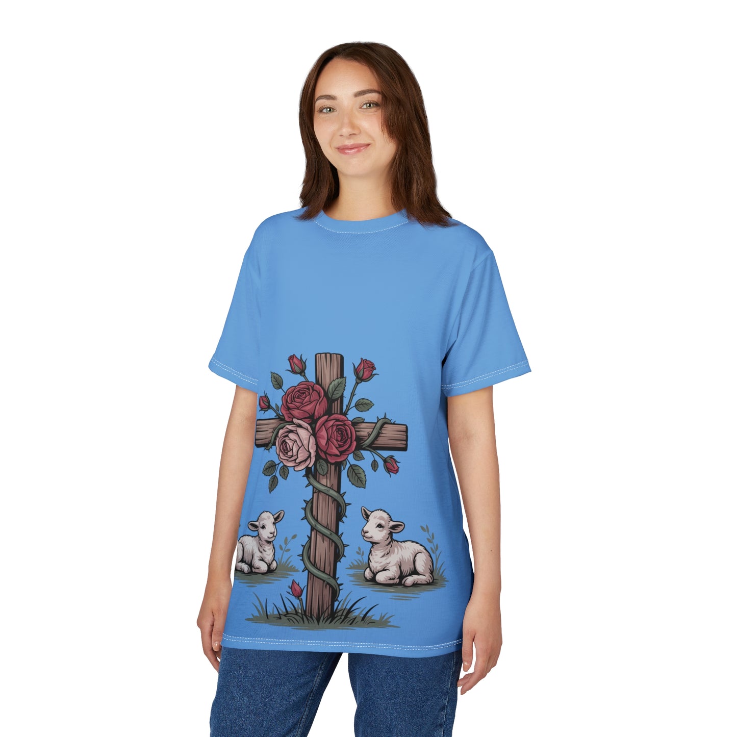 Easter Cross Tee — Rose-Wrapped Cross with Lambs All-Over Print