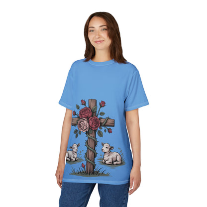 Easter Cross Tee — Rose-Wrapped Cross with Lambs All-Over Print