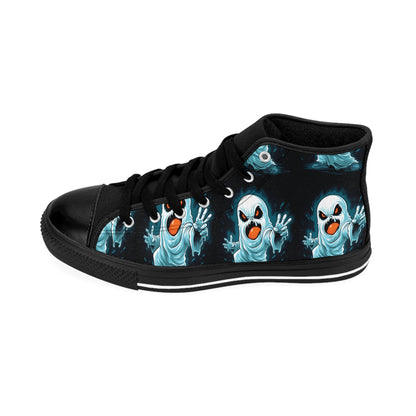 Men's High-Top Sneakers with Spooky Ghost Design, Halloween Footwear, Unique Casual Sneakers, Gifting for Halloween, Gothic Style Shoewear