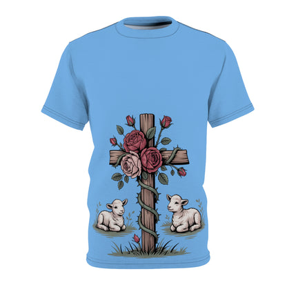 Easter Cross Tee — Rose-Wrapped Cross with Lambs All-Over Print