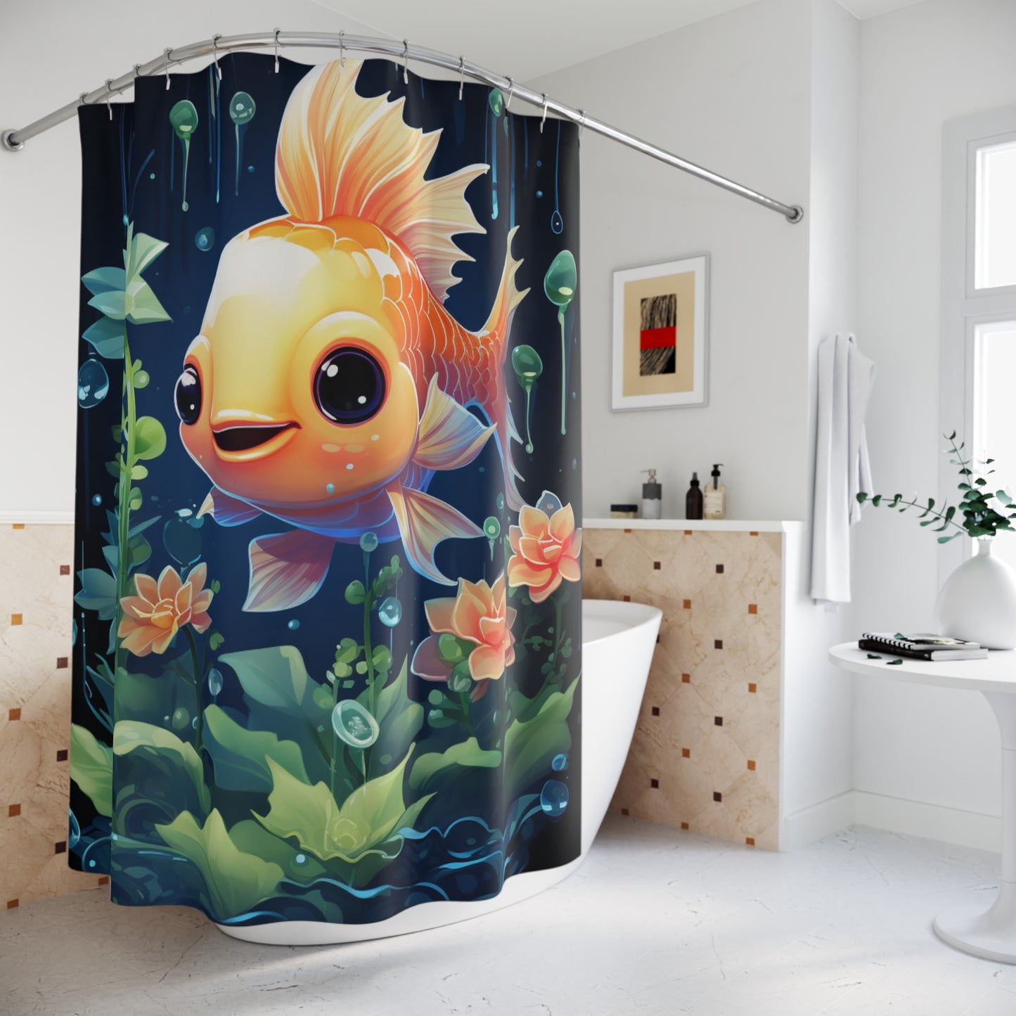 Whimsical Goldfish Shower Curtain, Fun Bathroom Decor, Kids Bathroom Accessory, Gift for Fish Lovers, Playful Home Decor