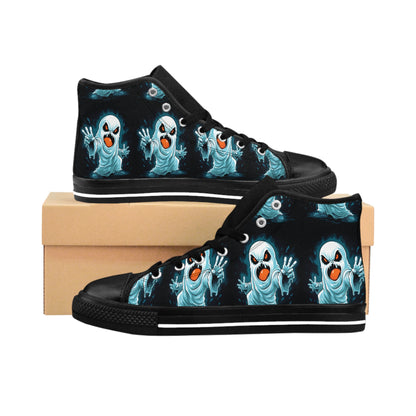 Men's High-Top Sneakers with Spooky Ghost Design, Halloween Footwear, Unique Casual Sneakers, Gifting for Halloween, Gothic Style Shoewear