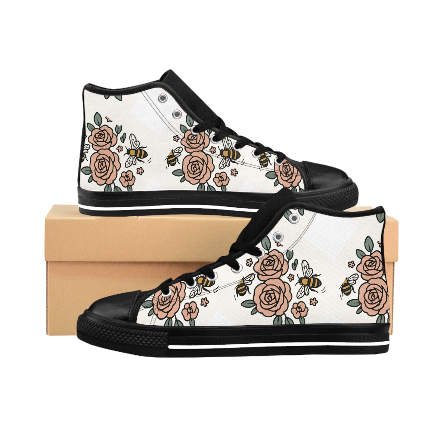 Floral High-Top Sneakers | Stylish Casual Footwear, Perfect for Spring, Cute Gift for Her, Trendy Bee and Rose Design, Everyday Wear