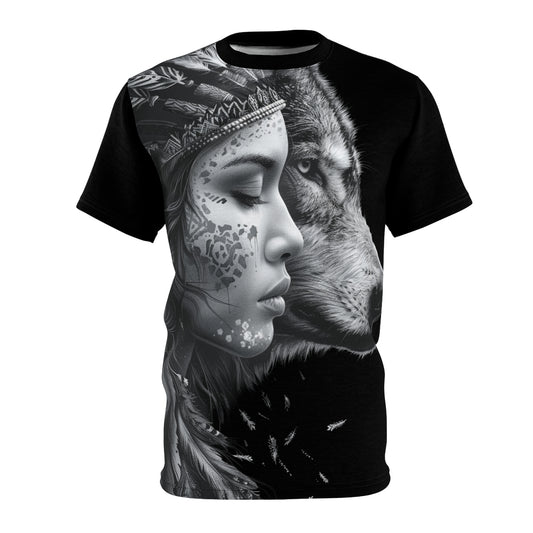 Wolf Spirit Tee — Tribal Woman & Wolf All-Over Print Shirt