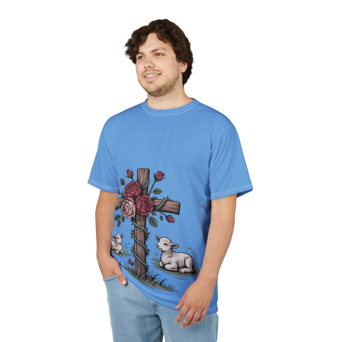 Easter Cross Tee — Rose-Wrapped Cross with Lambs All-Over Print