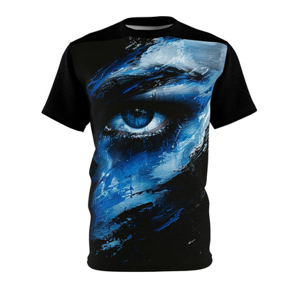 Eye of the Storm Graphic Tee — Blue Abstract Portrait All-Over Print