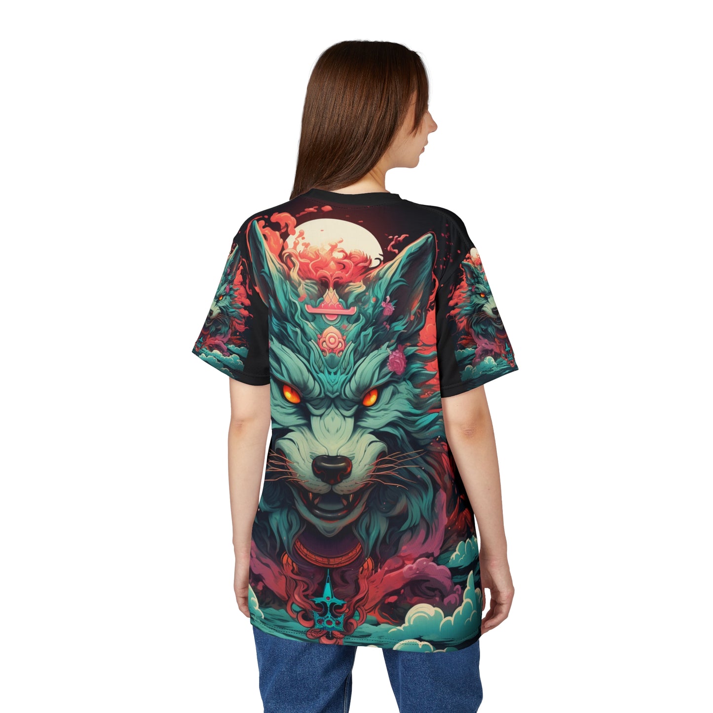 Mystic Wolf All-Over Print Tee — Neon Fox Spirit Graphic Shirt