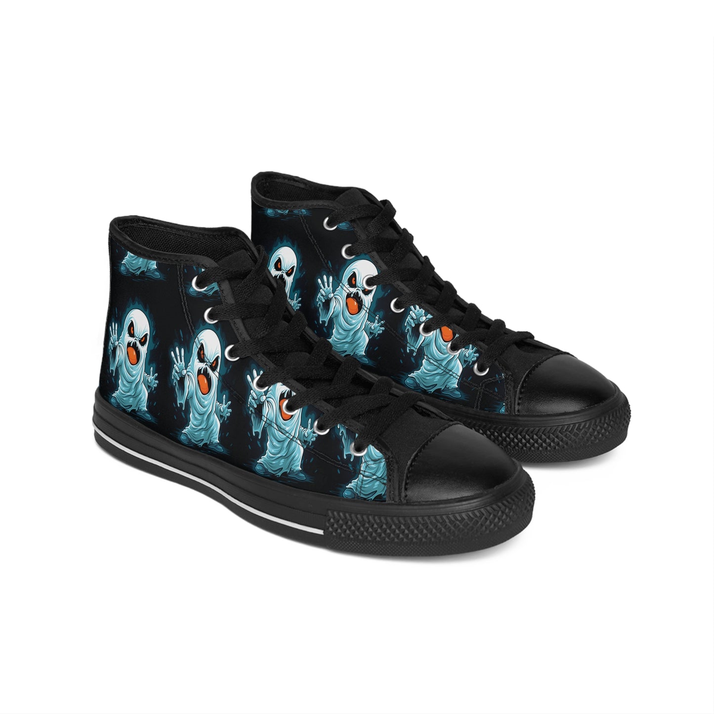 Men's High-Top Sneakers with Spooky Ghost Design, Halloween Footwear, Unique Casual Sneakers, Gifting for Halloween, Gothic Style Shoewear