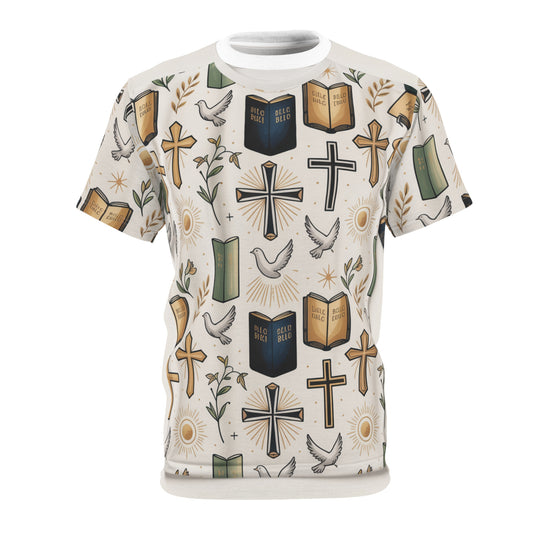 Christian Faith All-Over Print Tee — Crosses, Bibles & Doves Pattern