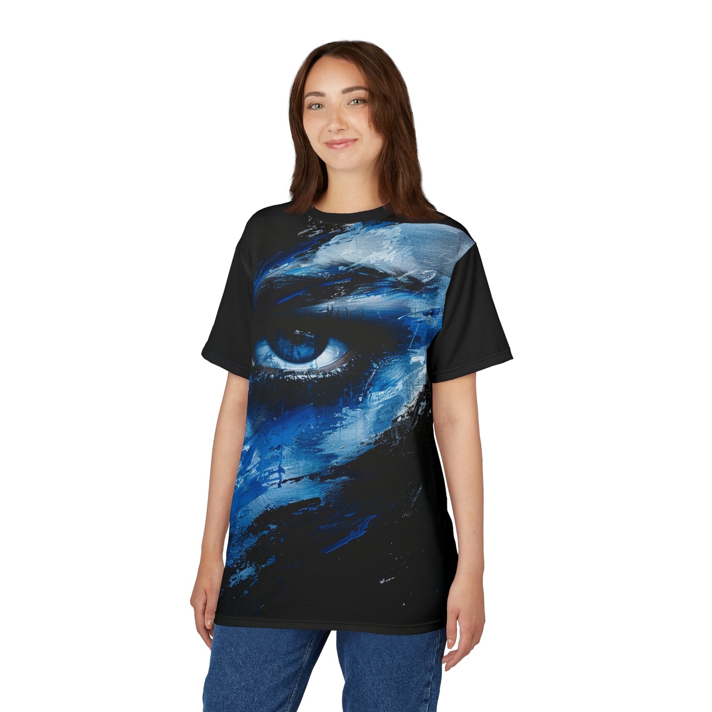 Eye of the Storm Graphic Tee — Blue Abstract Portrait All-Over Print